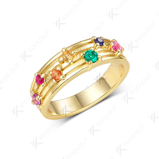 Kuololit Lab Grown Coloful Rainbow Gemstones Round Cut Custom Ring for Women Solid 14K 10K 585 Yellow Gold for Christmas Gifts