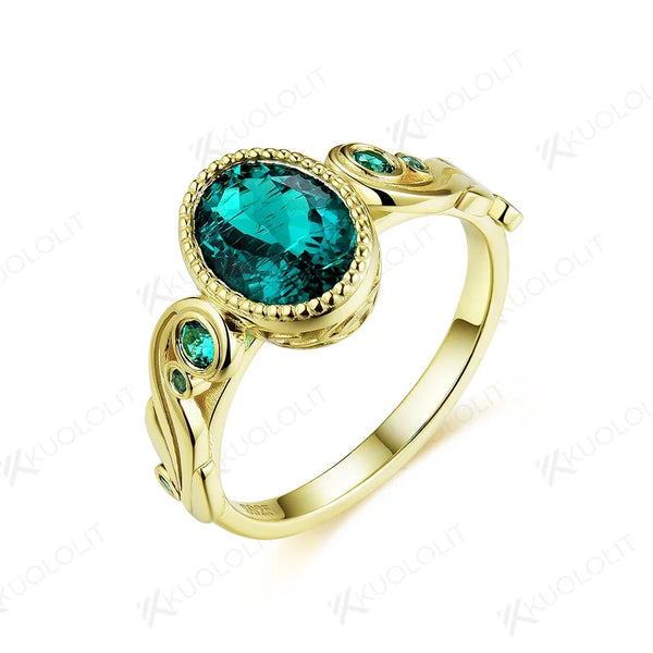 Kuololit Lab Grown Colombia Emerald Rings for Women Men Solid 585 10K Yellow Gold Oval Cut Rings for Wedding Engagement Classic