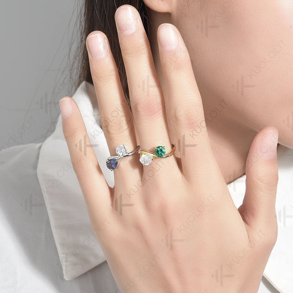 Kuololit 2CTW Lab Grown Emerald Moissanite Ring for Men Women Pure 18K 14K 10K Gold Pear Round Ring for Anniversary Engagement