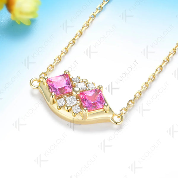 Kuololit 1.6CTW Lab Pink Sapphire Princess Cut Moissanite Custom Necklace for Women Solid 585 14K 10K Yellow Gold for Christmas