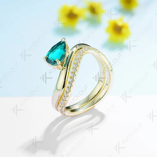 Kuololit 1.5CT Pear Cut Lab Grown Emerald Sets Engagement Rings for Men Women Solid 10K 14K 18K Gold For Wedding Christmas Gift