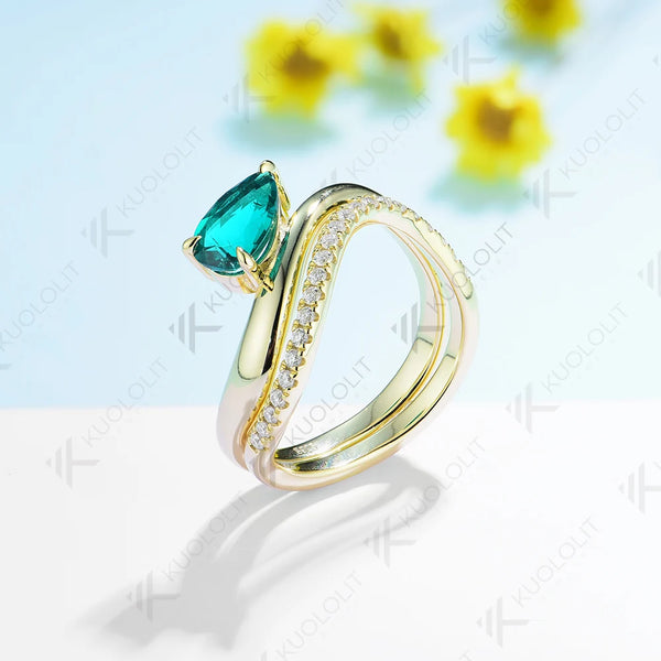 Kuololit 1.5CT Lab Grown Emerald and Moissanite Set Rings for Women Men Solid 14K 10K Gold Ring for Anniversary Engagement Gifts