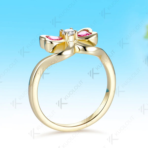 Kuololit 0.7CTW Lab Pink Sapphire Diamonds Heart Custom Ring for Women Solid 14K 10K 585 Yellow Gold for Christmas Gifts Party