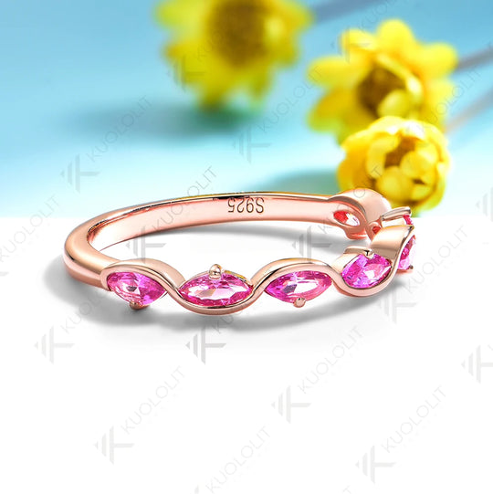Kuololit 0.7CTW Lab Grown Pink Sapphire Marquise Ring for Women Solid 14K 10K 585 Rose Gold Wedding Band for Christmas Gifts