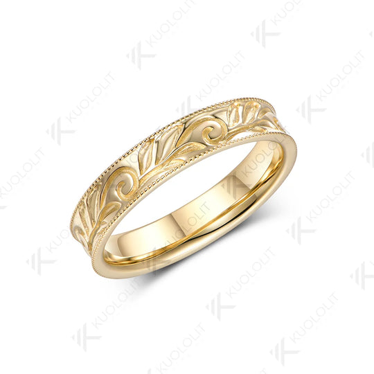 Kuololit Leaves 4MM Band Custom Ring for Women Solid 14K 10K Yellow Gold Wedding Band Ring for Christmas Gifts Party Anniversary