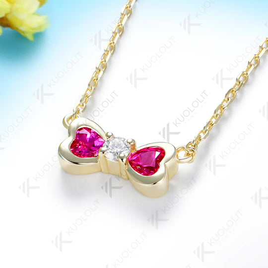 Kuololit 0.7CTW Lab Pink Sapphire Diamonds Heart Custom Necklace for Women Solid 585 14K 10K Yellow Gold Necklace for Christmas