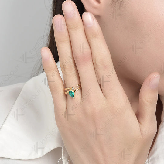 Kuololit1.0CTW Lab Grown Emerald and Moissanite Gemstone Ring for Women Solid18K14K10KYellow Gold for Christmas Anniversary Gift