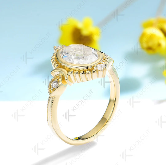 Kuololit 2CT Portrait Cut Moissanite Ring for Women Solid 14K 10K 585 Yellow Gold Engagement Ring for Christmas Gifts Party NEW