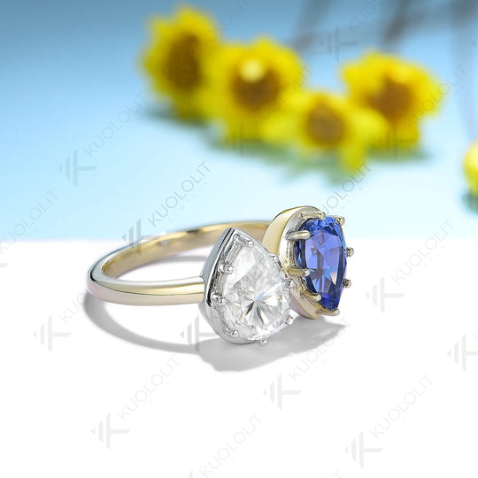 Kuololit 2.5CTW Pear Moissanite Blue Sapphire Ring for Women Solid 18K 14K Two Tone Gold Gemstone Ring for Engagement Christmas