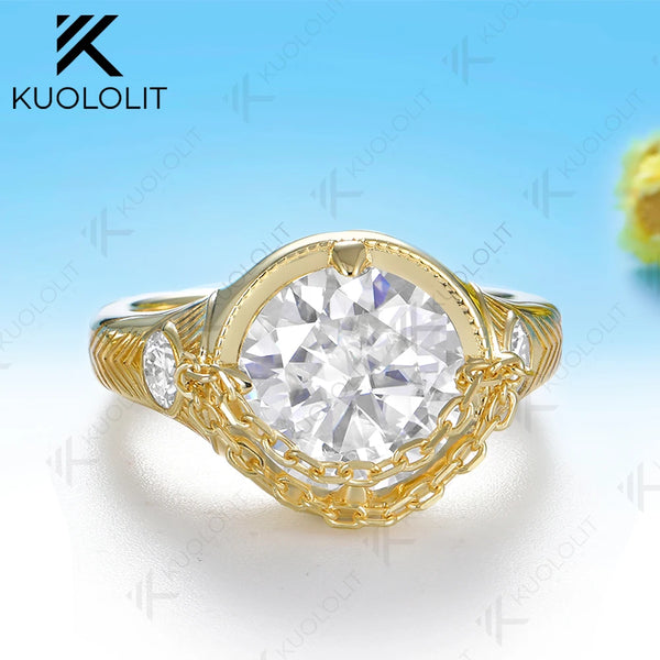 Kuololit 4CT Moissanite Custom Ring for Women Solid 14K 10K 585 Yellow Gold Engagement Chains Ring for Christmas Gift Party