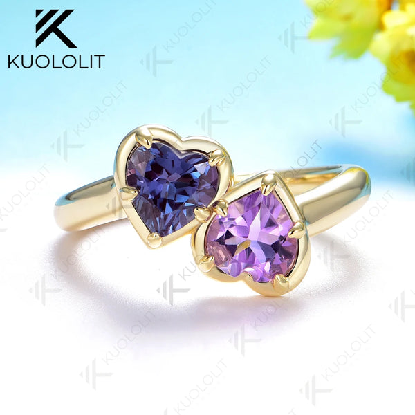 Kuololit 1.6CTW Lab Grown Alexandrite Amethyst Ring for Women Solid 14K 10K 585 Yellow Gold Heart Ring for Christmas Gifts Party