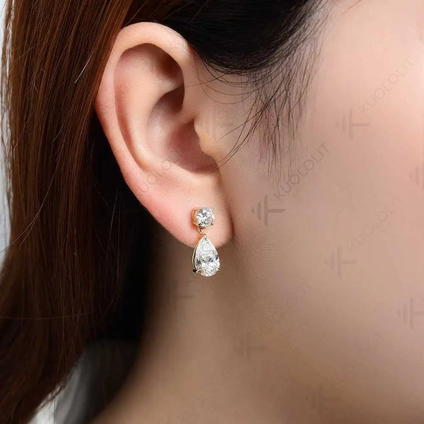 Kuololit 4CTW Moisssanite Stub Earrings for Women Solid 18K 14K 10K 585 Yellow Gold Pear Cut Clip Earring for Christmas Gift