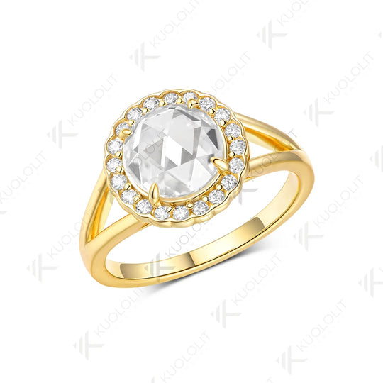 Kuololit 2CT Rose Cut Round Moissanite Ring for Women Solid 14K 10K 585 Yellow Gold Engagement Ring for Anniversary Christmas