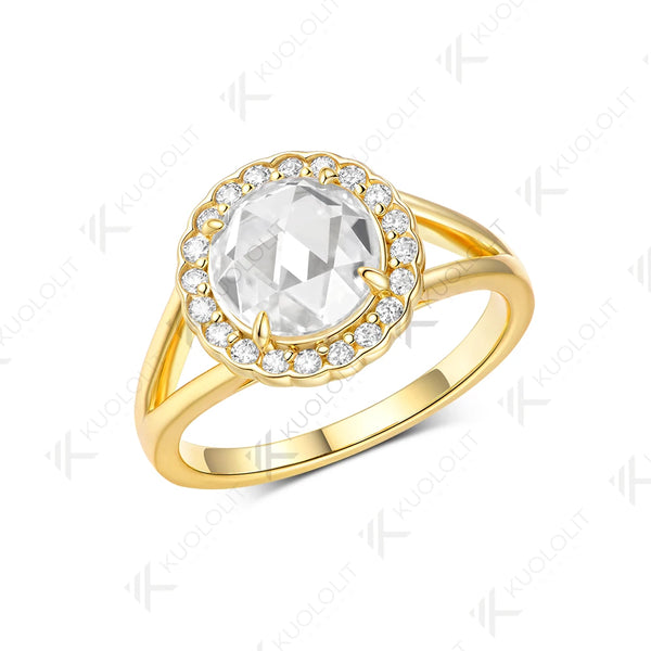 Kuololit 2CT Rose Cut Round Moissanite Ring for Women Solid 14K 10K 585 Yellow Gold Engagement Ring for Anniversary Christmas