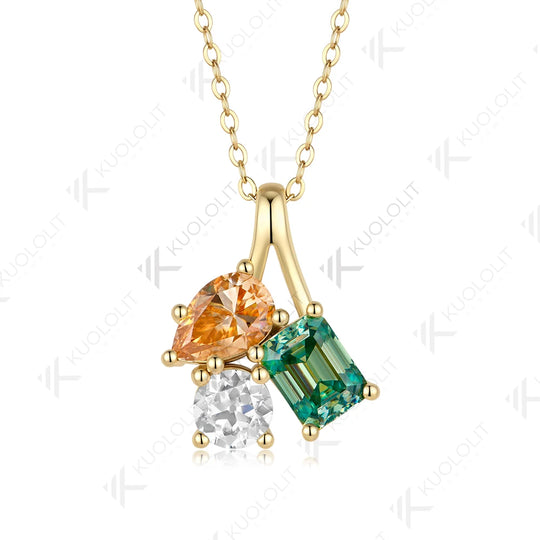Kuololit 4.3CT Champagne Cyan White Moissantie Custom Necklace for Women Solid 14K 10K 585 Yellow Gold for Christmas Gifts Party