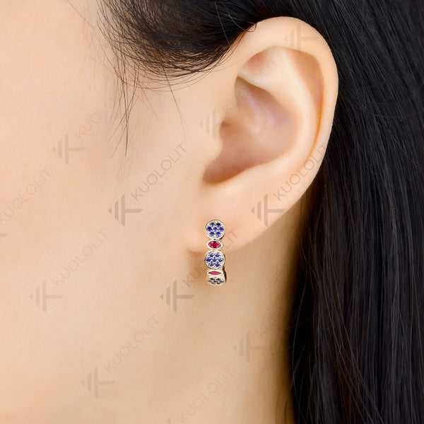Kuololit 1.1CTW Lab Grow Ruby Blue Sapphire Custom Earrings for Women Solid 14K 10K 585 Yellow Gold for Christmas Gifts Party