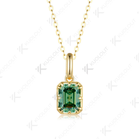 Kuololit 3CT Emerald Cut Cyan Moissanite Necklace for Women Solid 585 14K 10K Yellow Gold  Necklace for Christmas Gifts Party