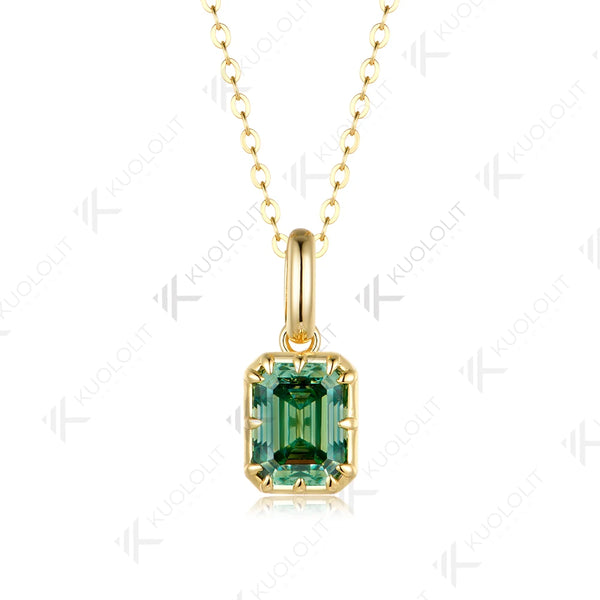 Kuololit 3CT Emerald Cut Cyan Moissanite Necklace for Women Solid 585 14K 10K Yellow Gold  Necklace for Christmas Gifts Party