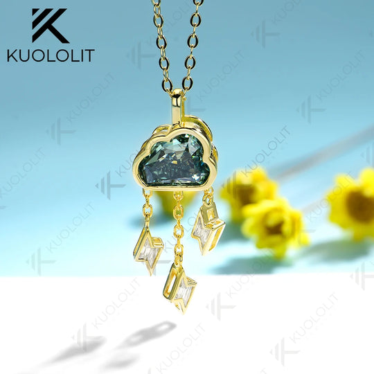 Kuololit 2CT Cyan Blue Cloud Lighting Moissanite Necklace for Women Solid 14K 10K 585 Rose Gold Wedding Necklace for Christmas Gift