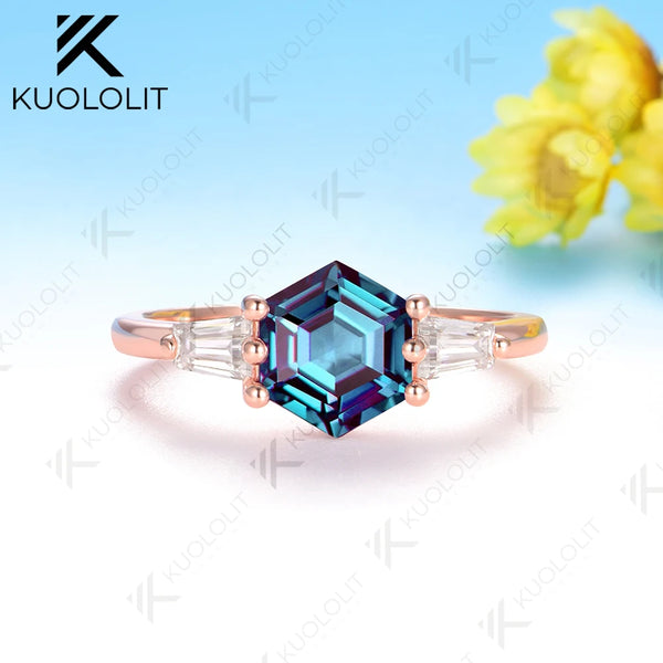 Kuololit 2CT Hexagon Lab Grown Alexandrite Ring for Women Solid 585 10K 14K Yellow Gold for Wedding Engagement Christmas Gifts