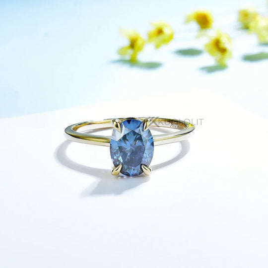 Kuololit 1.5CT Oval Dark Blue Moissanite Ring for Women Solid 14K 18K Yellow Gold
