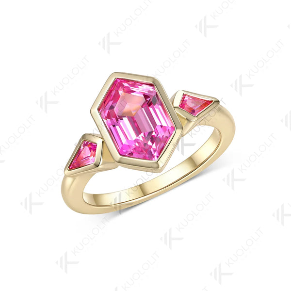 Kuololit 3.5CT Lab Grown Pink Sapphire Hexagon Cut Custom Ring for Women Solid 14K 10K 585 Yellow Gold for Christmas Gifts