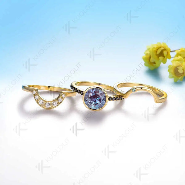 Kuololit 2CT Lab Grown Alexandrite with Moissanite Set Ring for Women Solid 14K 10K 585 Yellow Gold for Christmas Gifts Party