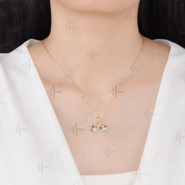 Kuololit Lab Grown Coloful Rainbow Gemstones Necklace for Women Solid 585 14K 10K Yellow Gold Custom Necklace for Christmas Gift