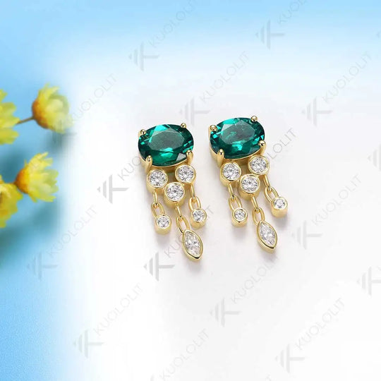 Kuololit 3.7CTW Lab Grown Emerald with Moissanite Stud Earrings for Women Solid 14K 10K 585 Gold Earrings for Christmas Gifts