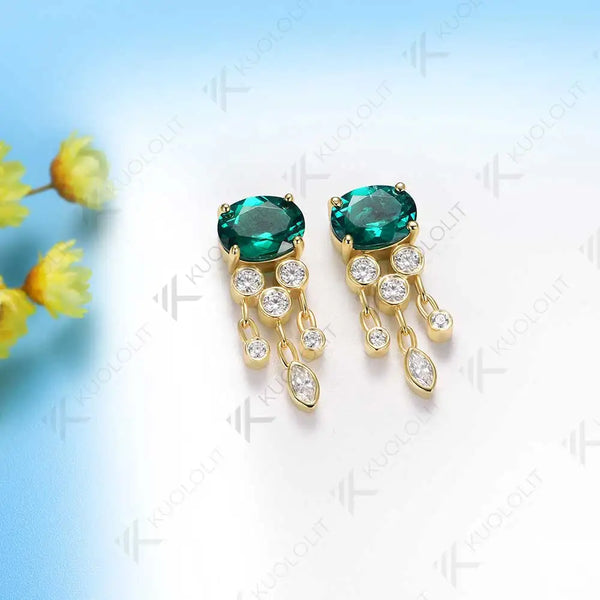 Kuololit 3.7CTW Lab Grown Emerald with Moissanite Stud Earrings for Women Solid 14K 10K 585 Gold Earrings for Christmas Gifts