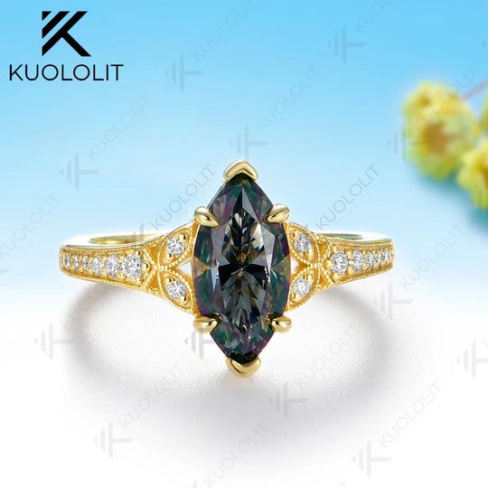 Kuololit 2CT Grey Moissanite Custom Ring for Women Solid 14K 10K 585 Yellow Gold Marquise Cut for Christmas Gifts Engagement
