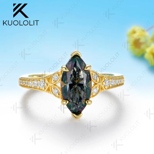 Kuololit 2CT Grey Moissanite Custom Ring for Women Solid 14K 10K 585 Yellow Gold Marquise Cut for Christmas Gifts Engagement