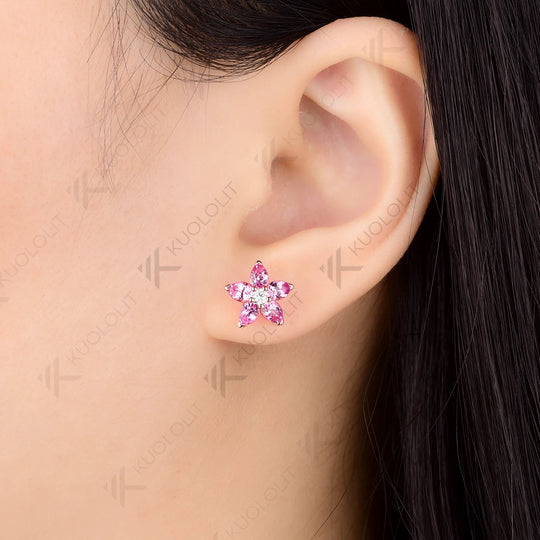 Kuololit 3.1CTW Lab Grown Diamonds Pink Sapphire Stud Earrings for Women Solid 14K 10K 585 White Gold Earring for Christmas Gift