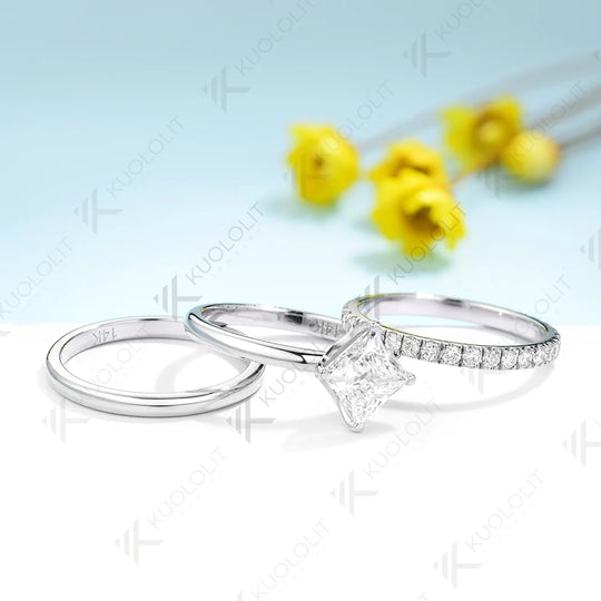 Kuololit 1CT Princess Lab Grown Diamonds Engagement Ring for Women Solid 18K 14K 10K 585 Gold Diamond 2 Bands Ring for Christmas