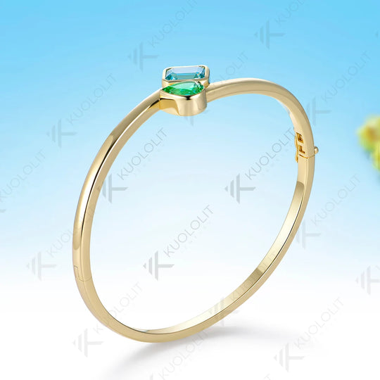 Kuololit 3.5CTW Mint Green Sapphire Paraiba Custom Bangle for Women Solid 10K Yellow Gold for Engagement Trendy Christams Gifts