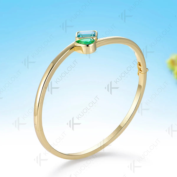 Kuololit 3.5CTW Mint Green Sapphire Paraiba Custom Bangle for Women Solid 10K Yellow Gold for Engagement Trendy Christams Gifts