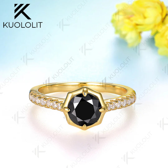 Kuololit 1CT Black Moissanite Engagement Ring for Women Solid 18K 585 Yellow Gold Round Cut Moissanite Bands Ring for Christmas