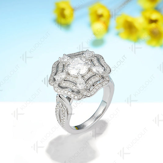 Kuololit 1CT Moissanite Rings and Pendant for Women Solid 14K 10K 585 White Gold Round for Engagement Wedding Christmas Luxury