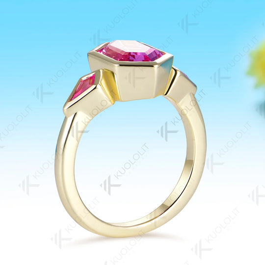 Kuololit 3.5CT Lab Grown Pink Sapphire Hexagon Cut Custom Ring for Women Solid 14K 10K 585 Yellow Gold for Christmas Gifts
