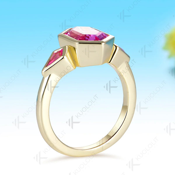 Kuololit 3.5CT Lab Grown Pink Sapphire Hexagon Cut Custom Ring for Women Solid 14K 10K 585 Yellow Gold for Christmas Gifts