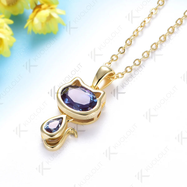 Kuololit 2.2CTW Lab Grown Alexandrite Cat Neklace for Women Solid 14K 10K 585 Yellow Gold Cute Neklace for Christmas Gifts Party