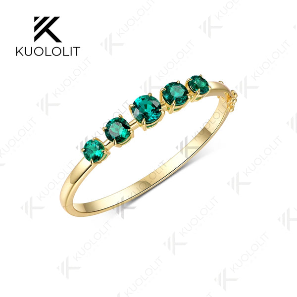 Kuololit 6CTW Round Lab Grown Emerald Custom Bangle for Women Solid 10K Yellow Gold Round Bracelet for Engagement Christmas Gift