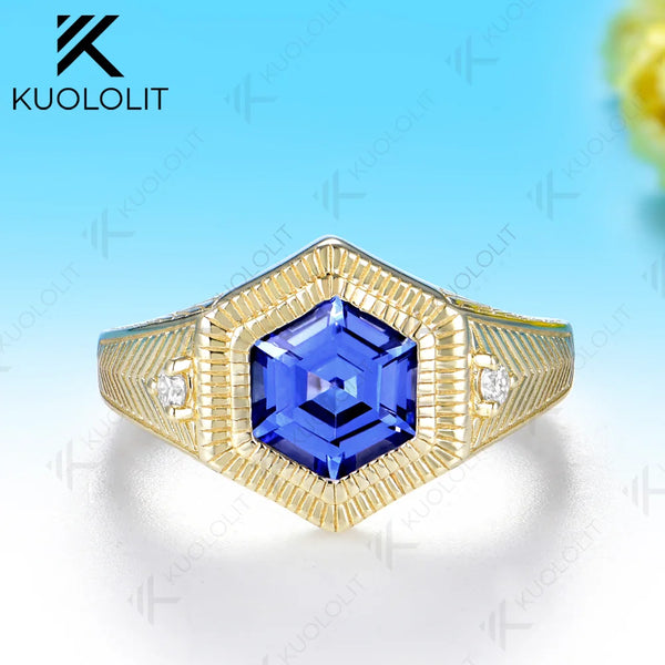 Kuololit 2CT Lab Grown Blue Sapphire Moissanite Custom Ring for Women Solid 14K 10K Yellow Gold Ring for Anniversary Christmas