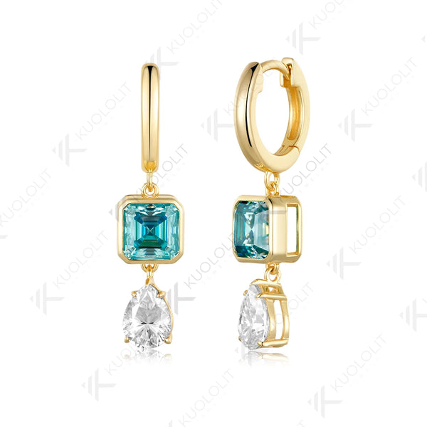 Kuololit 6.5CTW Cyan Moissanite Pear Asscher Cut Custom Earrings for Women Solid 14K 10K Yellow Gold Hoop Earrings for Christmas