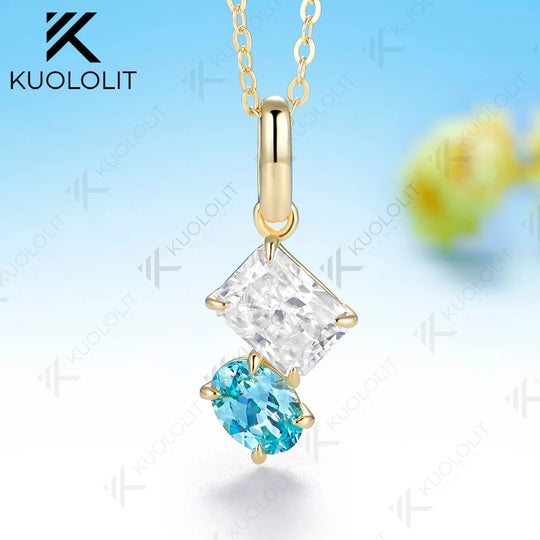 Kuololit 3.5CTW Paraiba Moissanite Custom Set Necklace for Women Solid 14K 10K 585 Yellow Gold Necklace for Christmas Gift Party