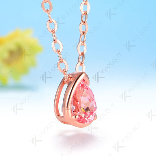 Kuololit 0.5CT Pink Sapphire Necklace for Women Men Solid 585 14K 10K Gold Pear Chain for Engagement Christmas Gifts Party