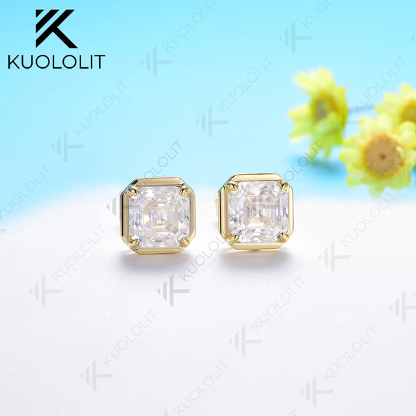 Kuololit 3CTW Asscher Cut Moissanite Earrings for Women Solid 18K 14K 10K Gold Stub Earrings for Anniversary Engagement Gifts