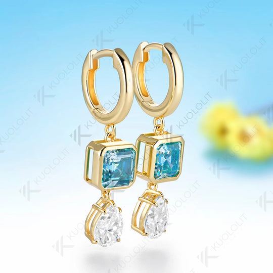 Kuololit 6.5CTW Cyan Moissanite Pear Asscher Cut Custom Earrings for Women Solid 14K 10K Yellow Gold Hoop Earrings for Christmas