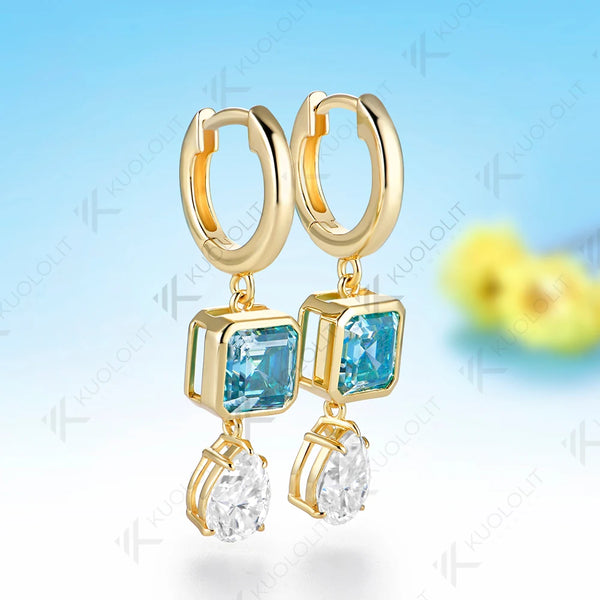 Kuololit 6.5CTW Cyan Moissanite Pear Asscher Cut Custom Earrings for Women Solid 14K 10K Yellow Gold Hoop Earrings for Christmas