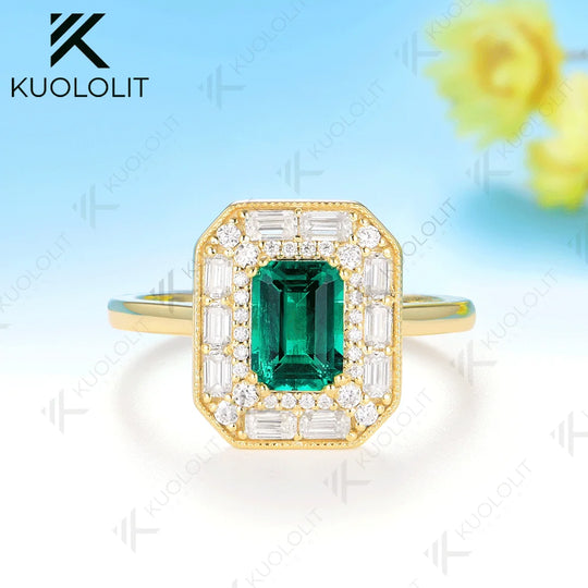 Kuololit 1ct Lab Grown Emerald Moissanite Ring for Women Solid 14K 10K 585  Yellow Gold Engagement Ring for Christmas Gift Party